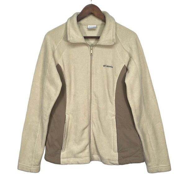 Columbia Fleece Full-Zip High‎ Neck Sweater Women Size L Beige Zip Pockets - Picture 1 of 12